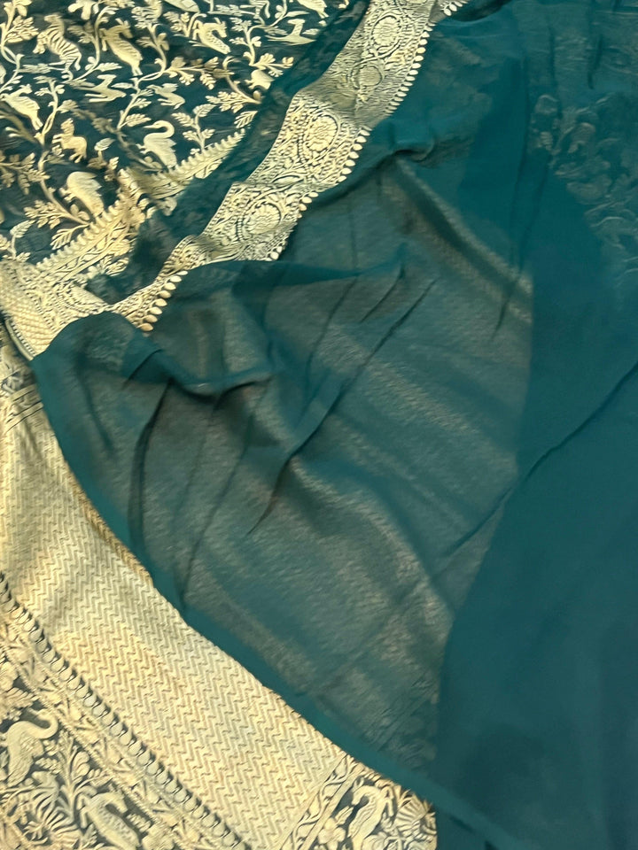 Bottle Green Pure Banarasi Khaddi Georgette Saree - Aura Benaras