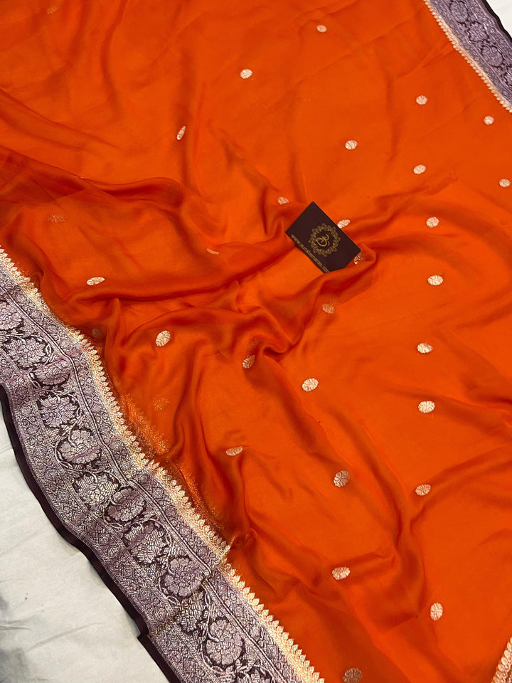Orange Pure Banarasi Khaddi Chiffon Saree | Kadhwa | Aura Benaras