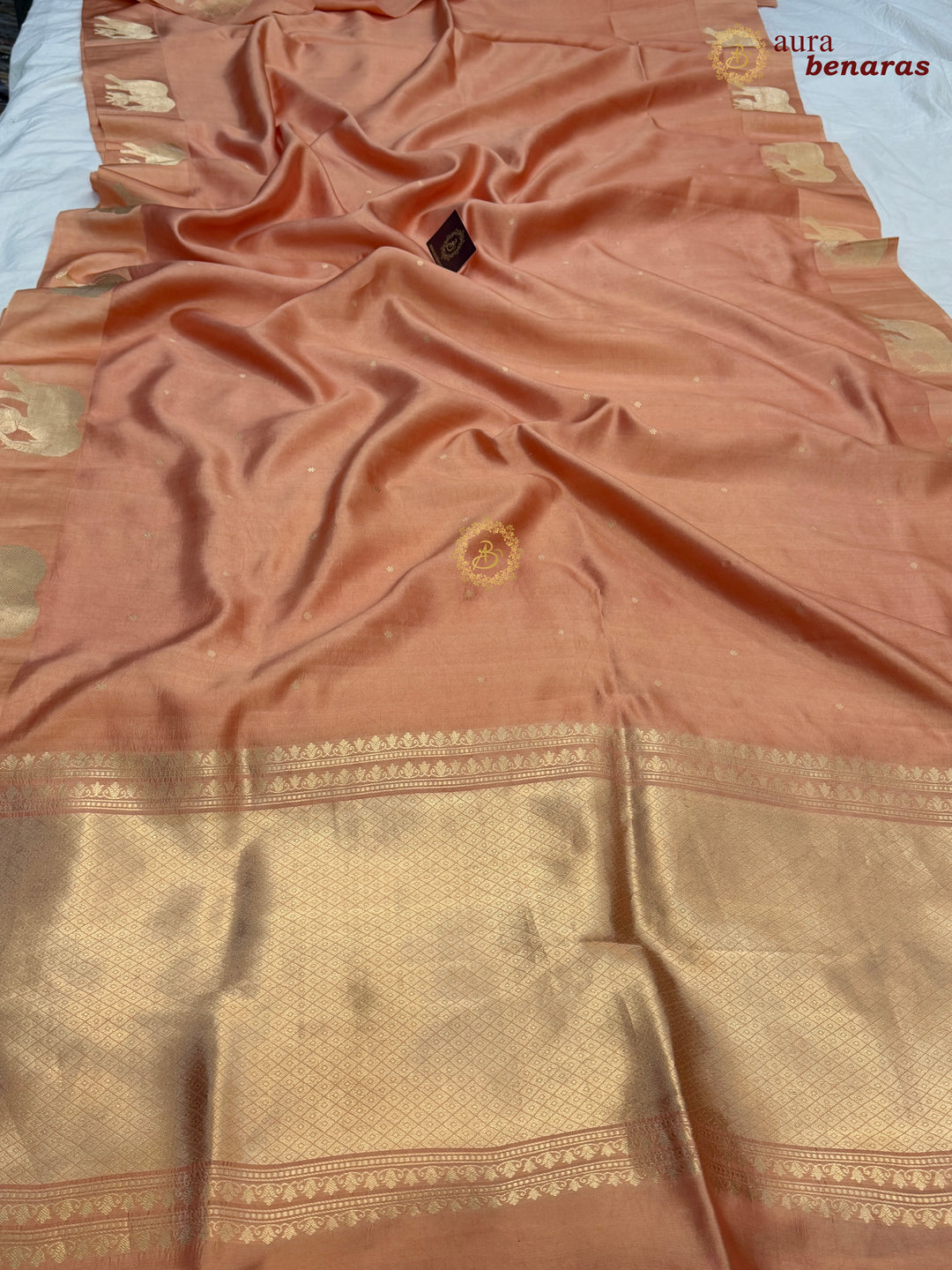 Pastel Peach Pure Katan Silk Banarasi Saree Kadhwa Elephant Motifs