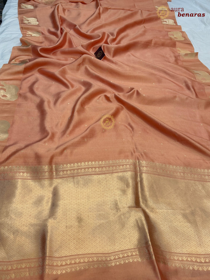 Pastel Peach Pure Katan Silk Banarasi Saree Kadhwa Elephant Motifs