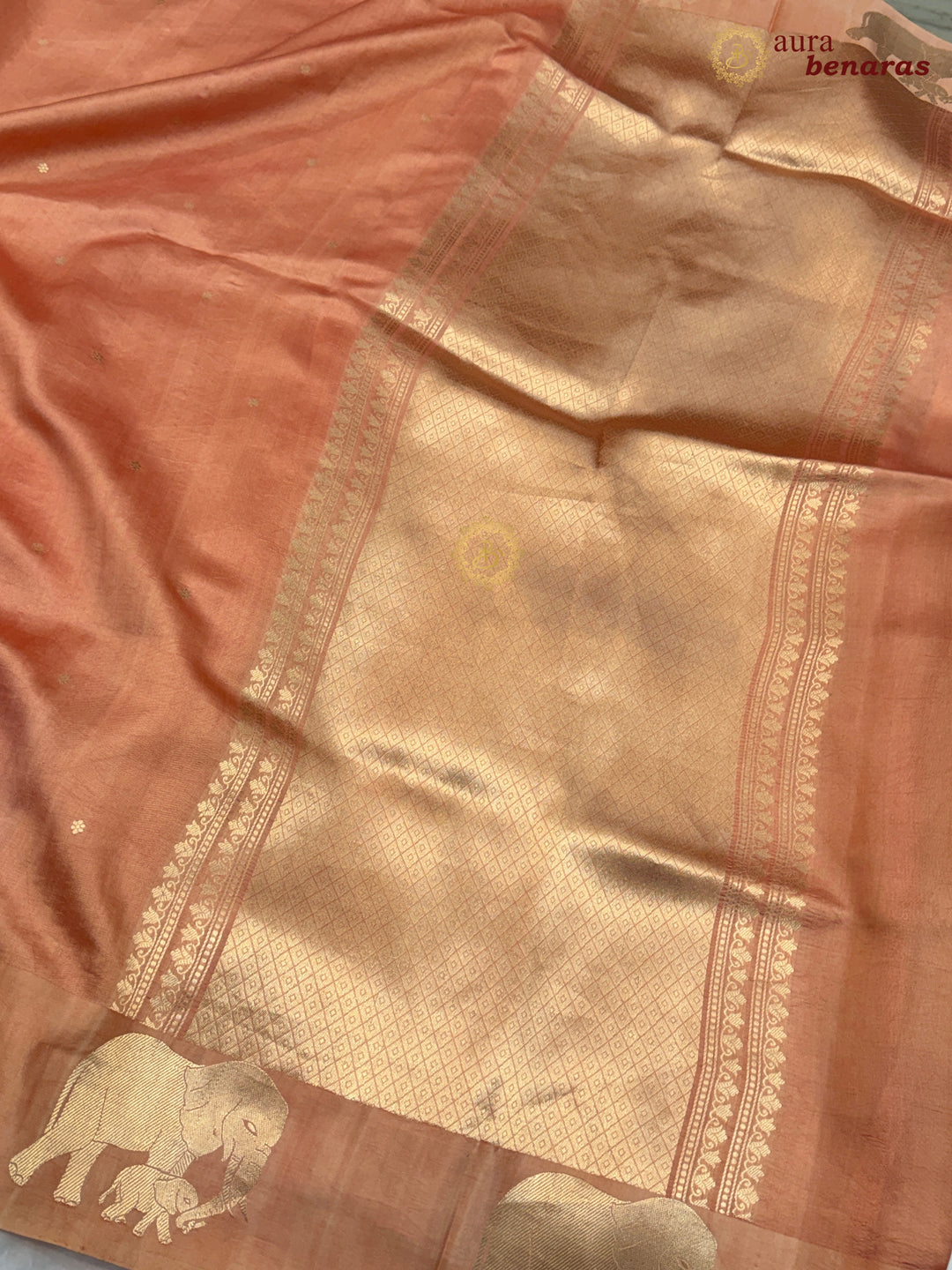 Pastel Peach Pure Katan Silk Banarasi Saree Kadhwa Elephant Motifs