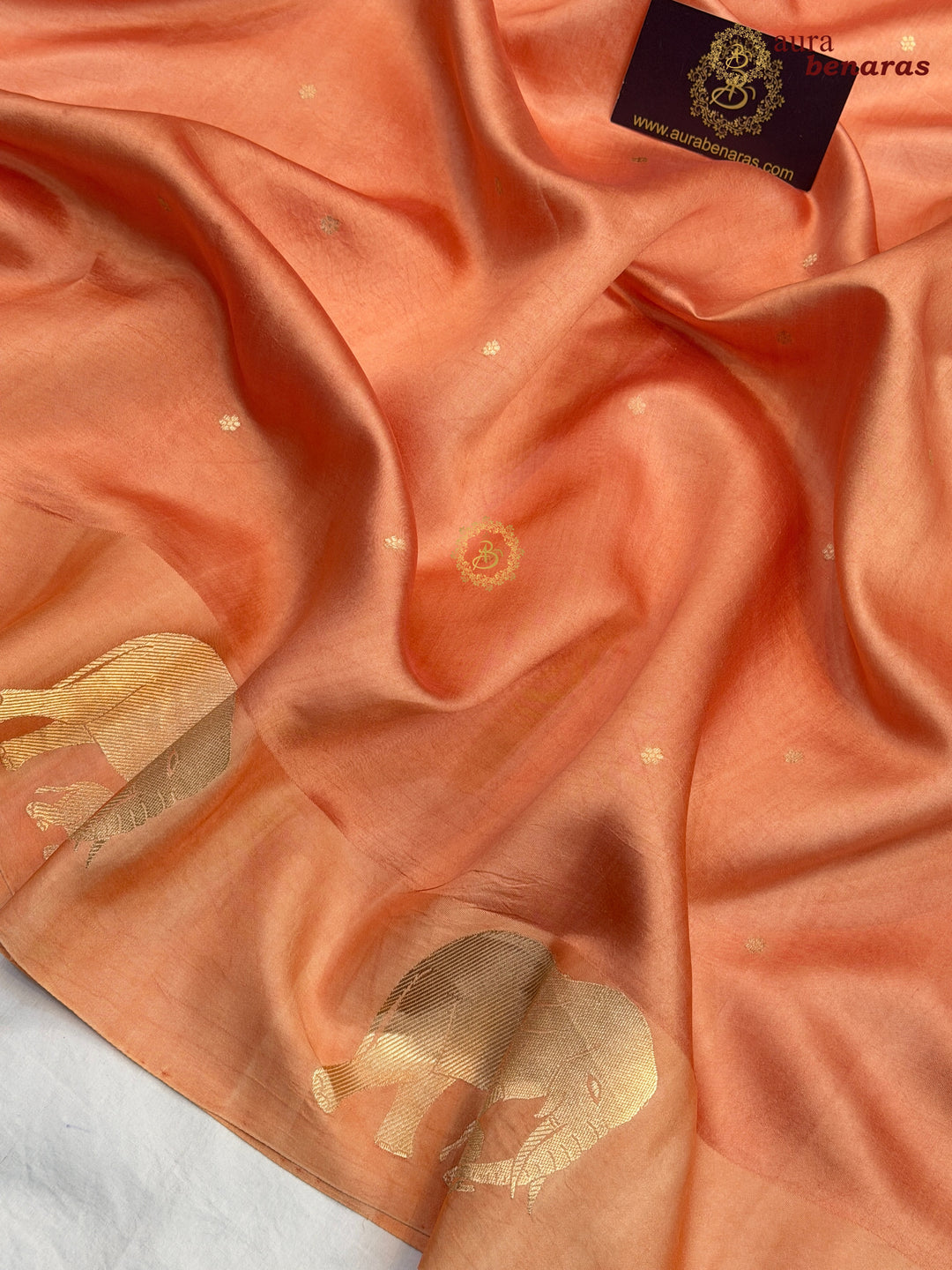 Pastel Peach Pure Katan Silk Banarasi Saree Kadhwa Elephant Motifs