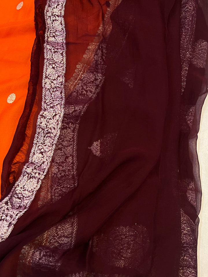 Orange Pure Banarasi Khaddi Chiffon Saree | Kadhwa | Aura Benaras