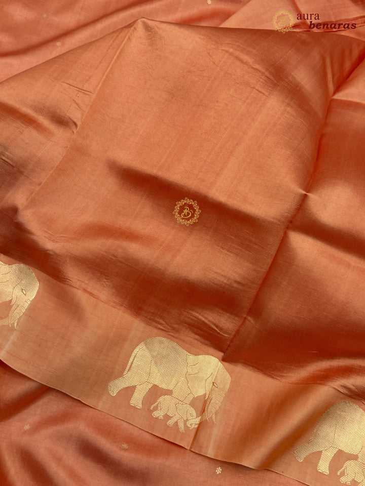 Pastel Peach Pure Katan Silk Banarasi Saree Kadhwa Elephant Motifs
