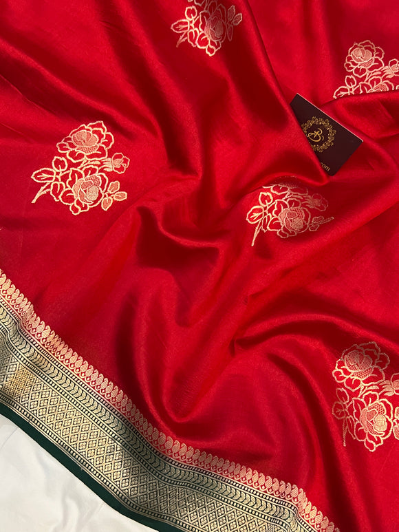 Red Pure Banarasi Handloom Silk Saree - Aura Benaras