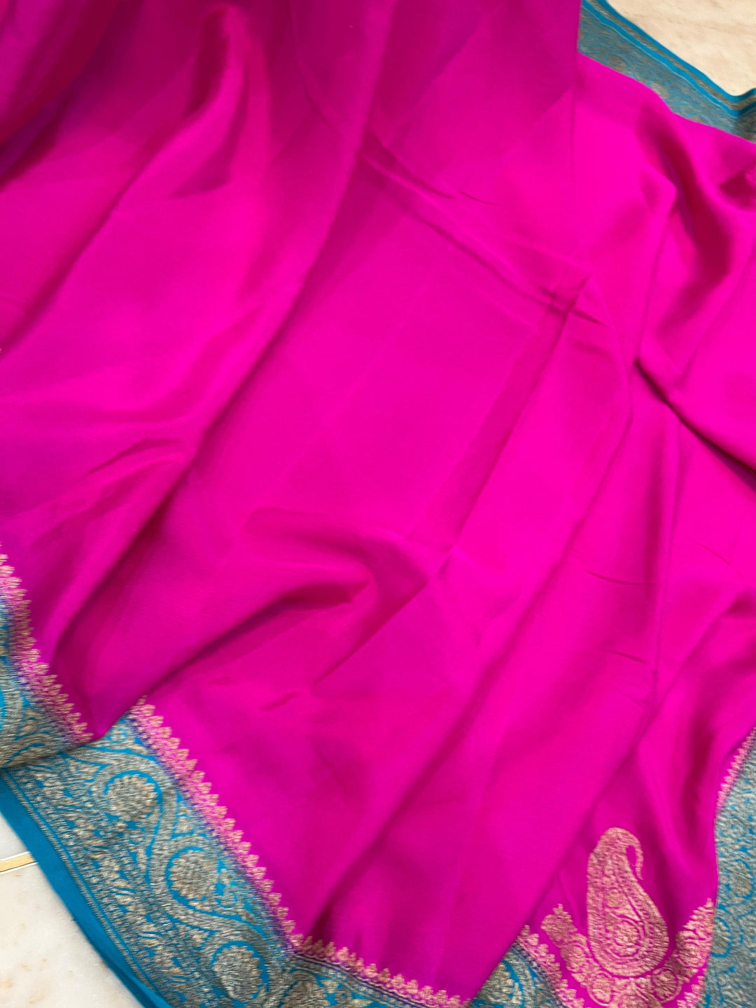 Rani Pink Pure Banarasi Khaddi Crepe Silk Saree - Aura Benaras