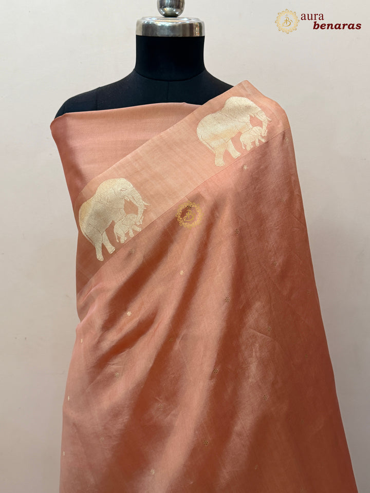 Pastel Peach Pure Katan Silk Banarasi Saree Kadhwa Elephant Motifs