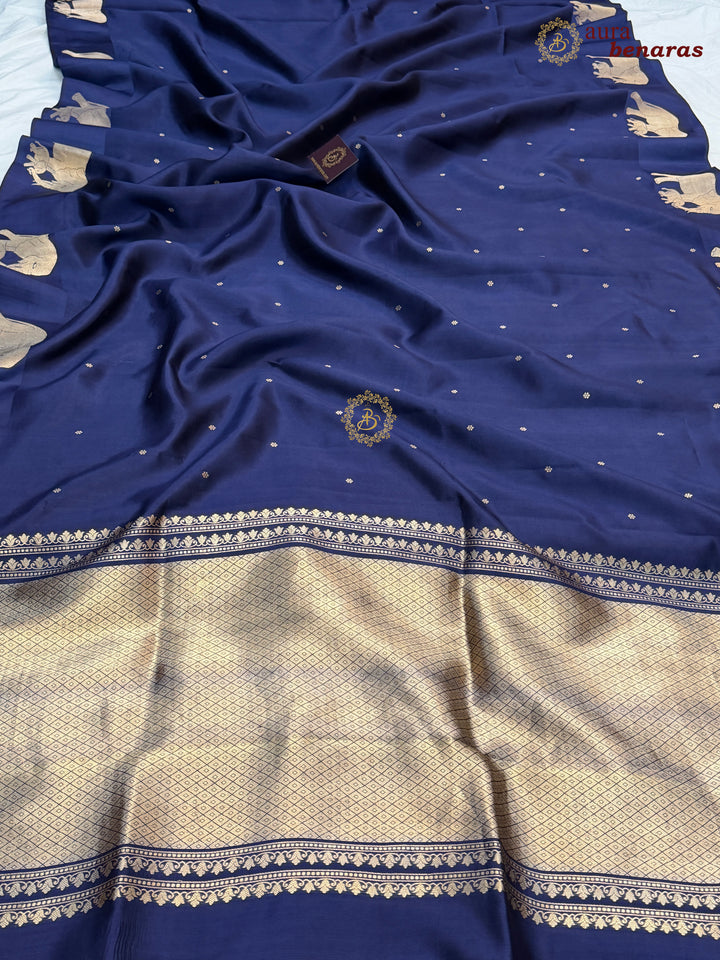 Navy Blue Pure Katan Silk Banarasi Saree Kadhwa Elephant Motifs