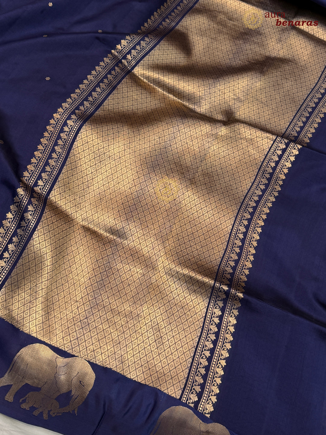 Navy Blue Pure Katan Silk Banarasi Saree Kadhwa Elephant Motifs