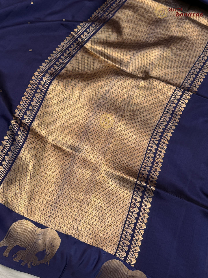 Navy Blue Pure Katan Silk Banarasi Saree Kadhwa Elephant Motifs