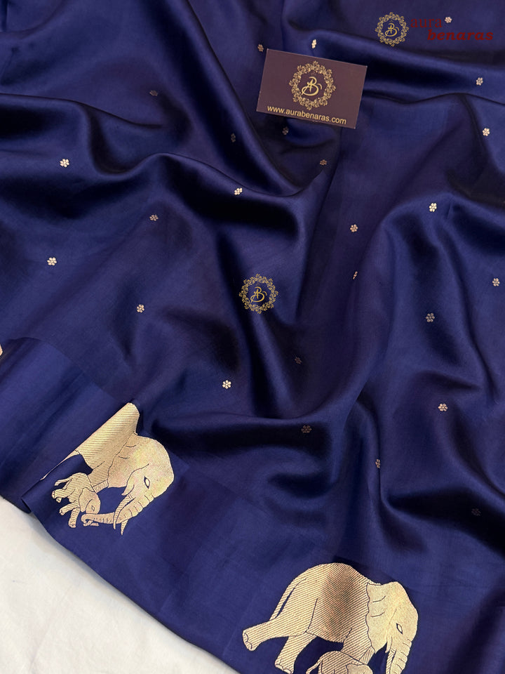 Navy Blue Pure Katan Silk Banarasi Saree Kadhwa Elephant Motifs