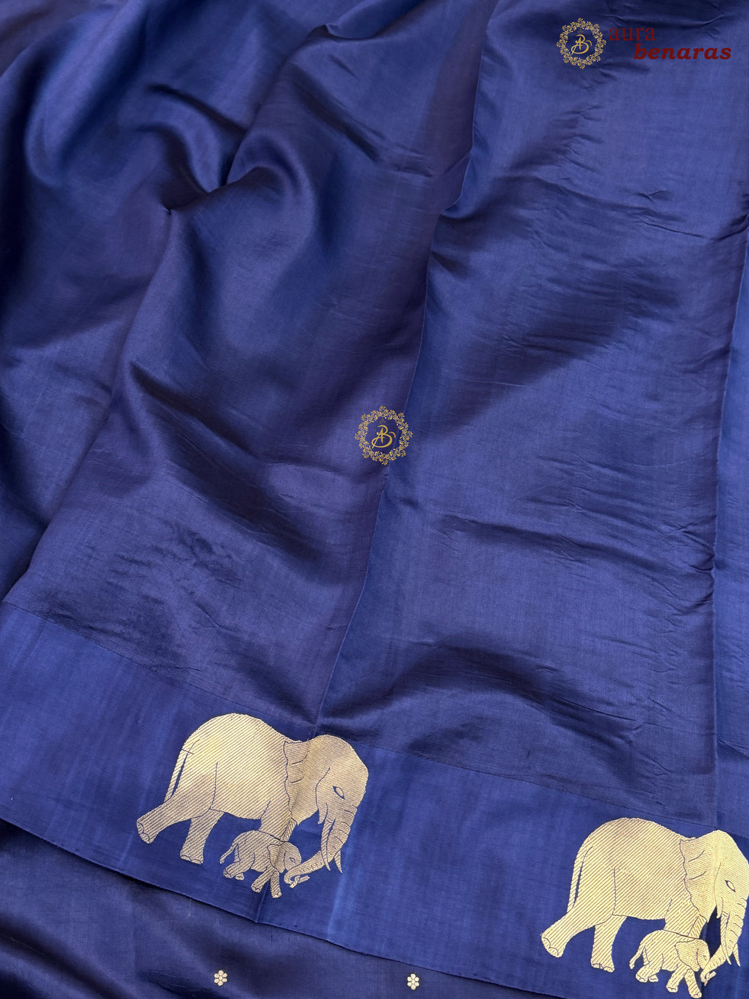Navy Blue Pure Katan Silk Banarasi Saree Kadhwa Elephant Motifs