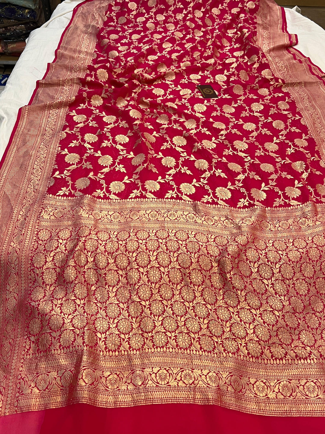 Pure Banarasi Khaddi Georgette Saree | Floral Jaal & Zari | Aura Benaras