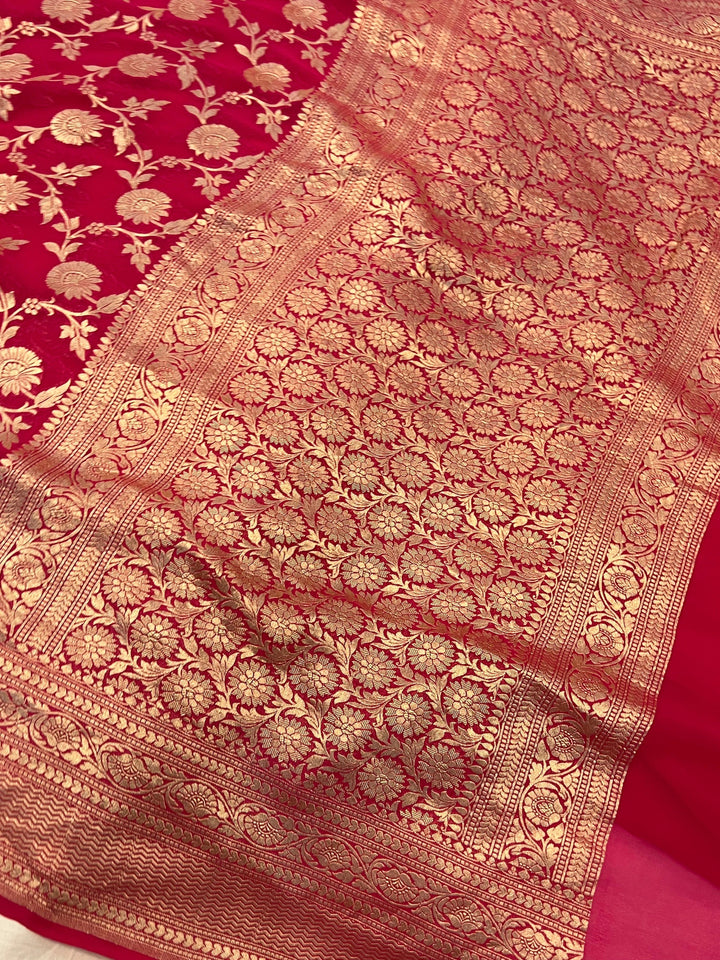 Pure Banarasi Khaddi Georgette Saree | Floral Jaal & Zari | Aura Benaras