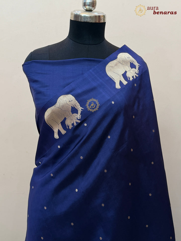 Navy Blue Pure Katan Silk Banarasi Saree Kadhwa Elephant Motifs