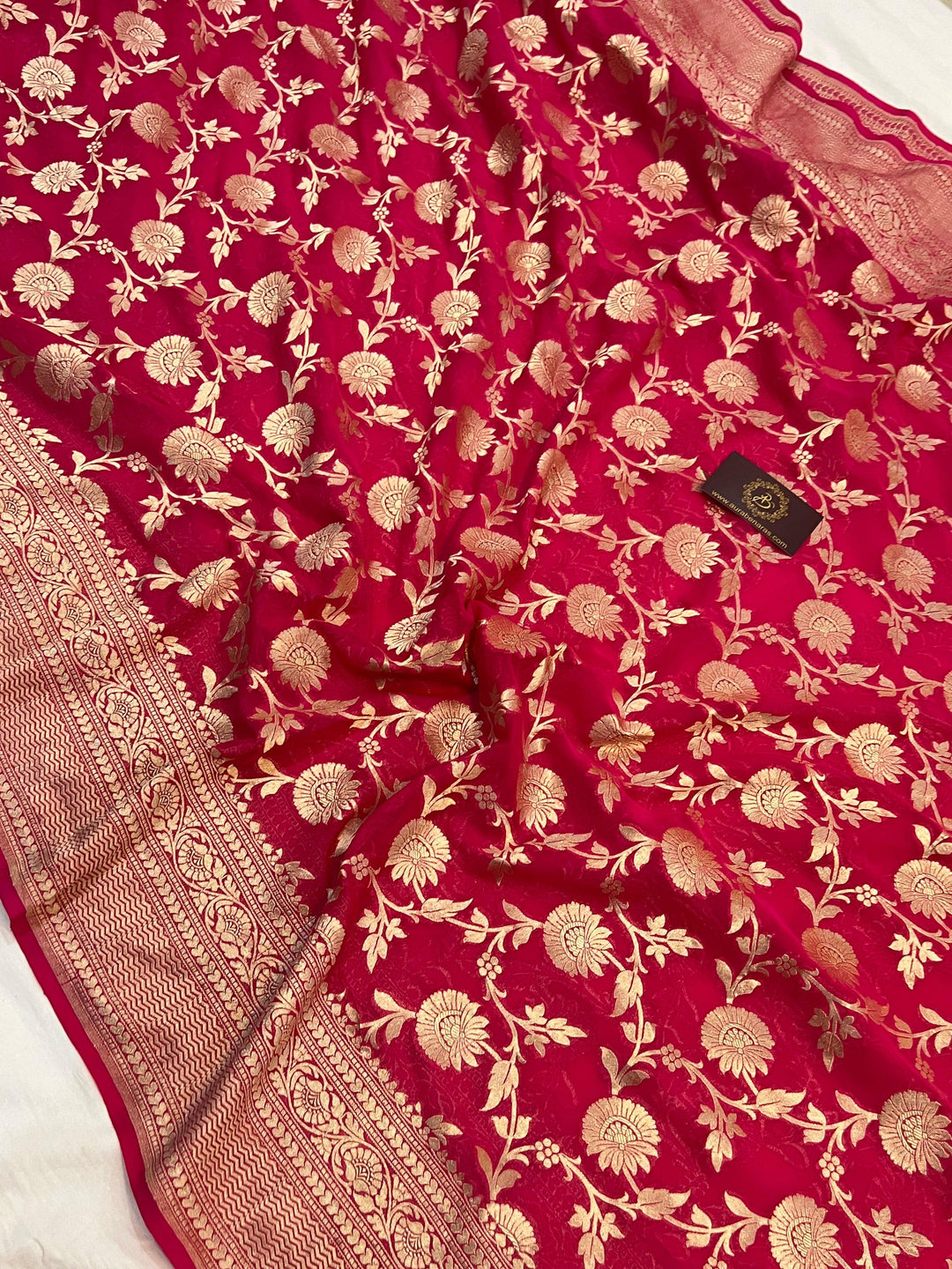 Pure Banarasi Khaddi Georgette Saree | Floral Jaal & Zari | Aura Benaras