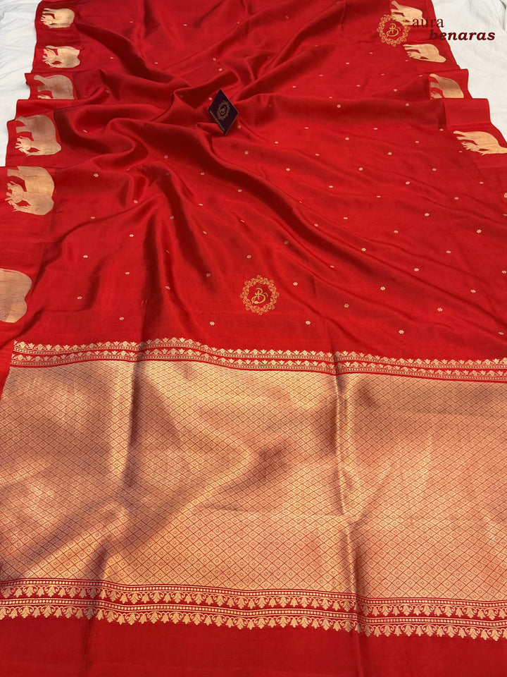 Red Pure Katan Silk Banarasi Saree Kadhwa Elephant Motifs