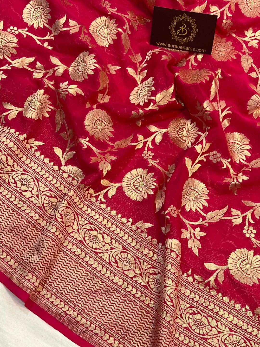 Pure Banarasi Khaddi Georgette Saree | Floral Jaal & Zari | Aura Benaras