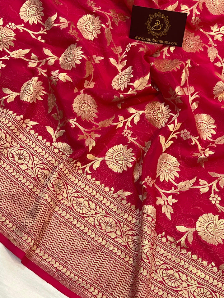 Pure Banarasi Khaddi Georgette Saree | Floral Jaal & Zari | Aura Benaras