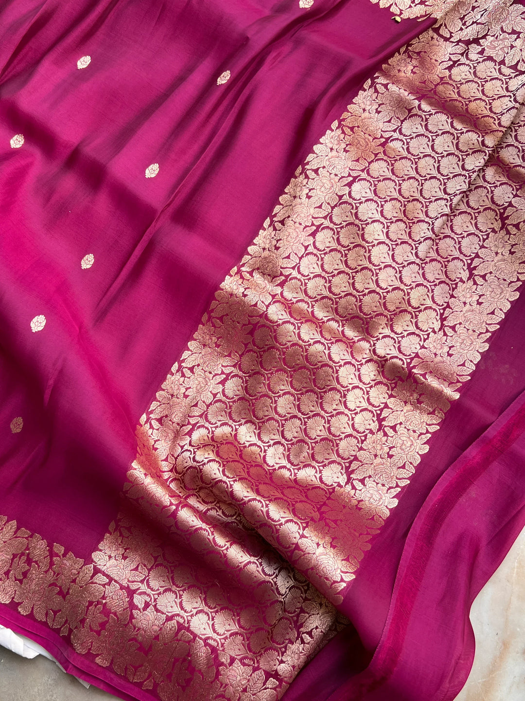 Hibiscus Shade Banarasi Handloom Kora Katan Silk Saree