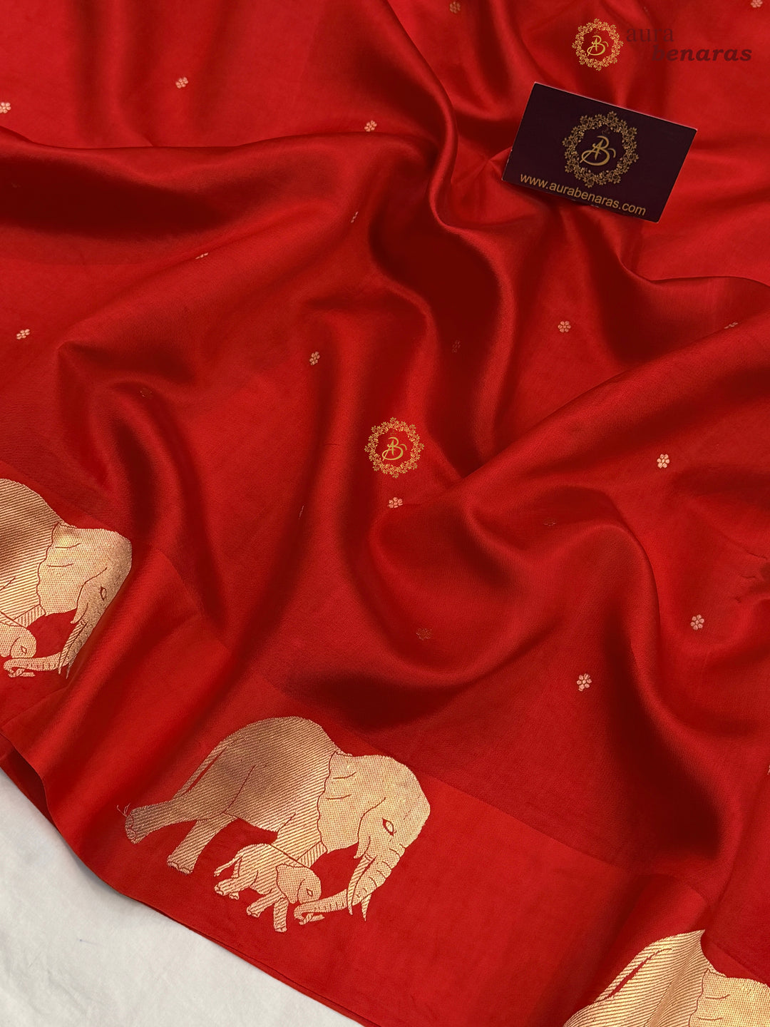 Red Pure Katan Silk Banarasi Saree Kadhwa Elephant Motifs