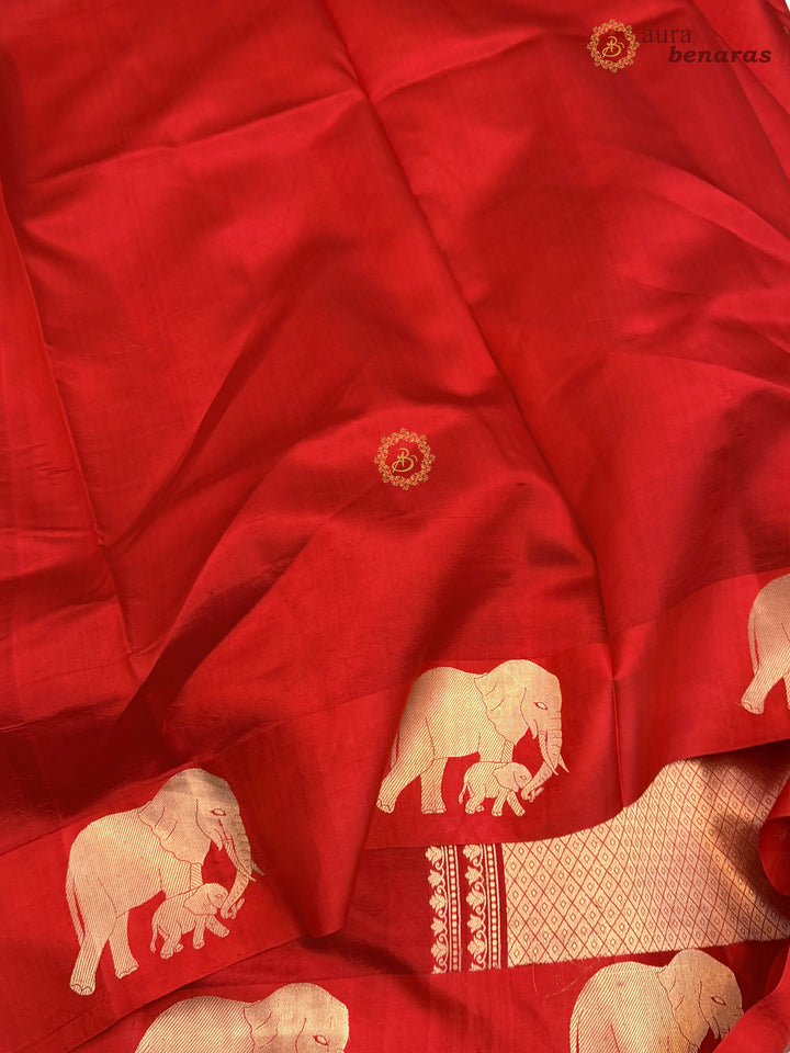 Red Pure Katan Silk Banarasi Saree Kadhwa Elephant Motifs