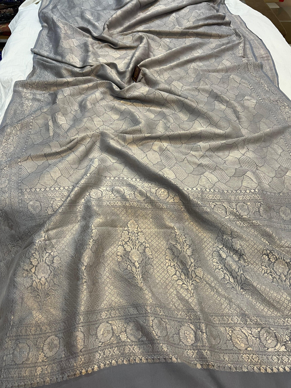 Pure Banarasi Khaddi Georgette Saree | Silver Zari Brocade | Aura Benaras