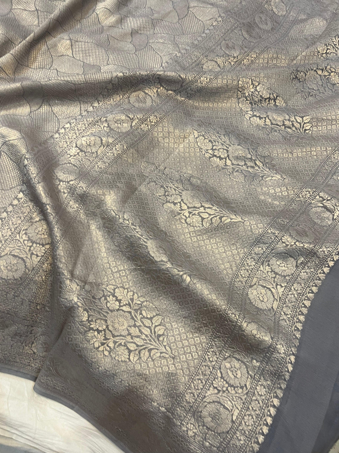 Pure Banarasi Khaddi Georgette Saree | Silver Zari Brocade | Aura Benaras