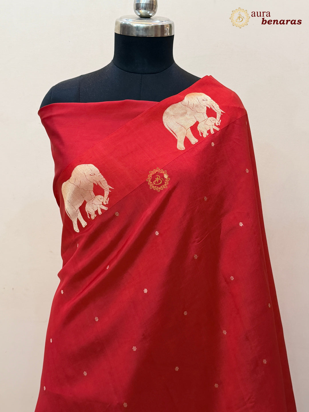 Red Pure Katan Silk Banarasi Saree Kadhwa Elephant Motifs