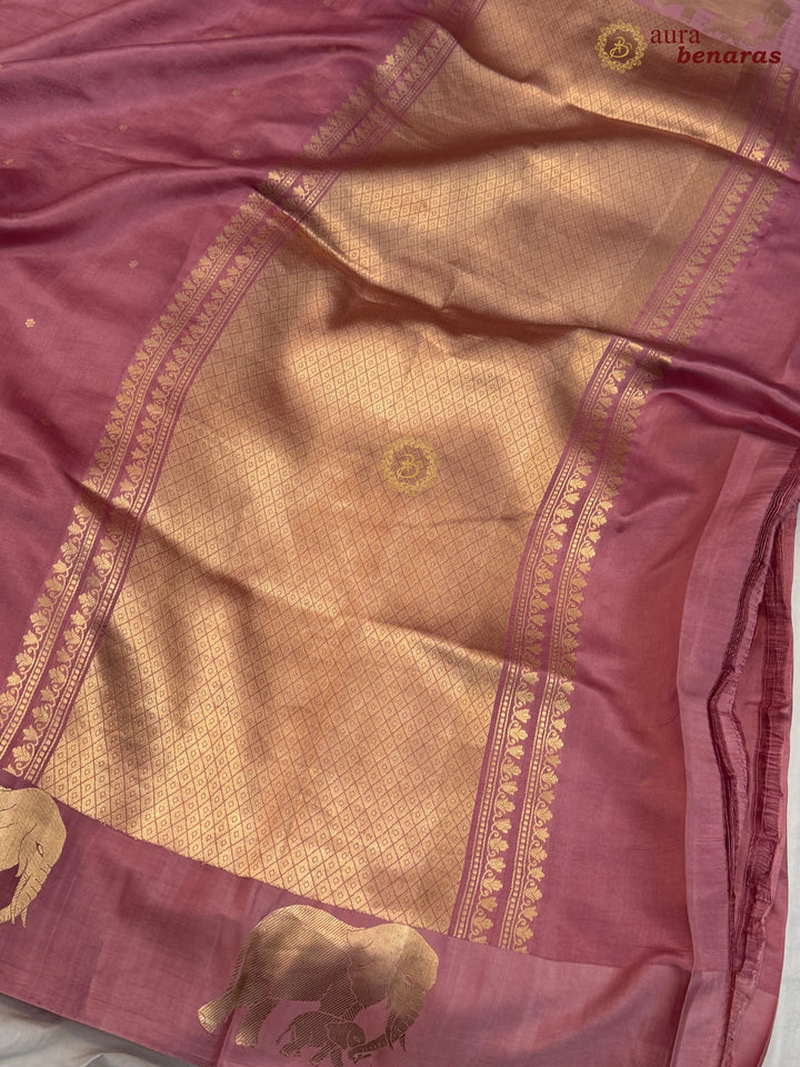 Pastel Pink Pure Katan Silk Banarasi Saree Kadhwa Elephant Motifs