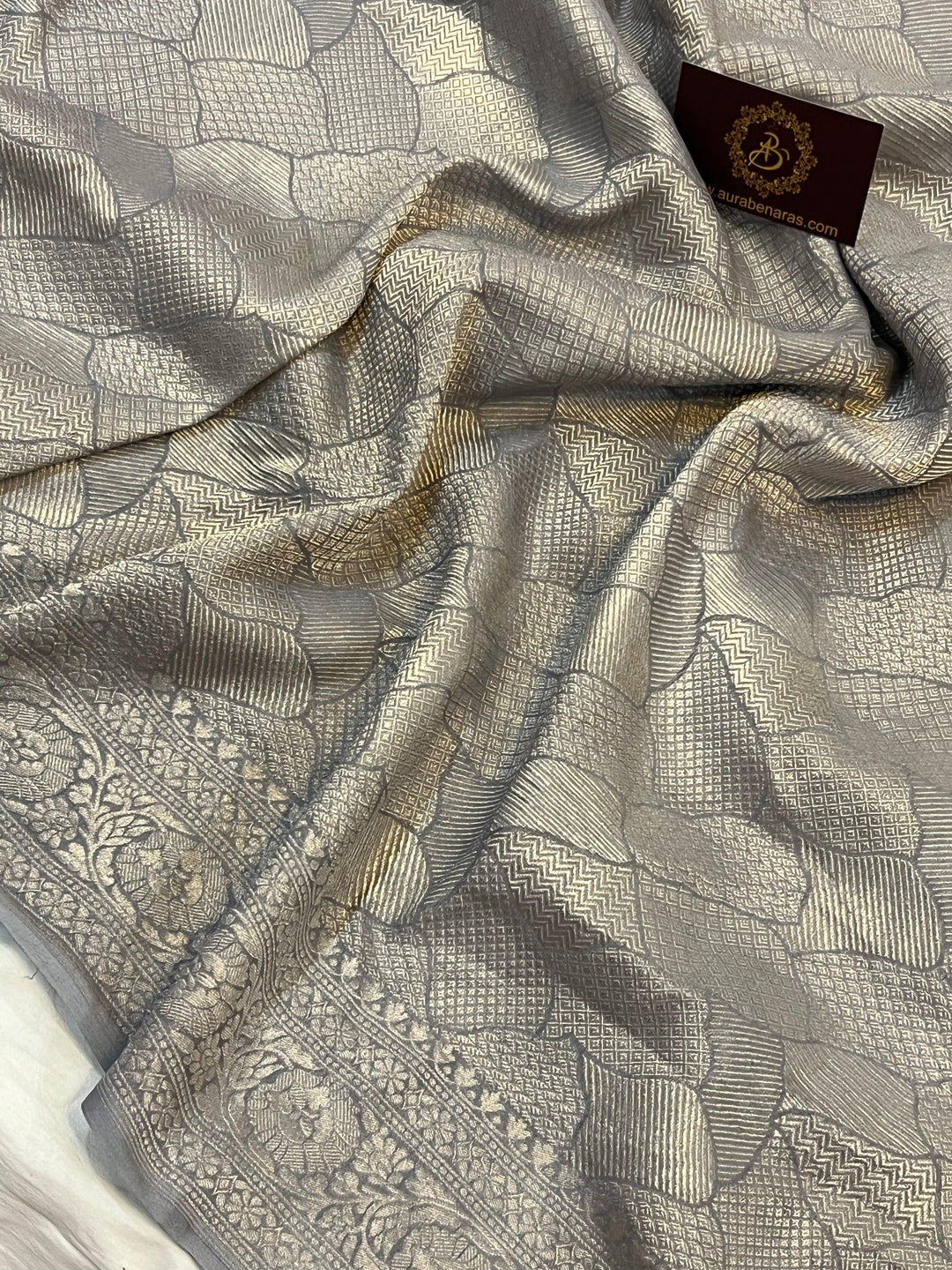 Pure Banarasi Khaddi Georgette Saree | Silver Zari Brocade | Aura Benaras
