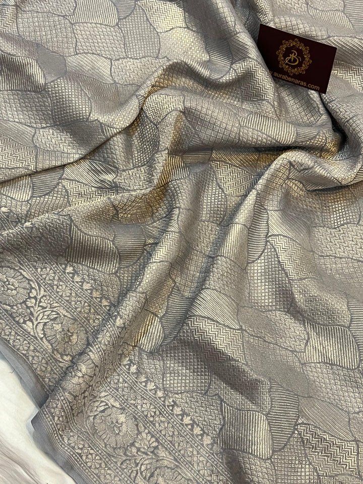 Pure Banarasi Khaddi Georgette Saree | Silver Zari Brocade | Aura Benaras