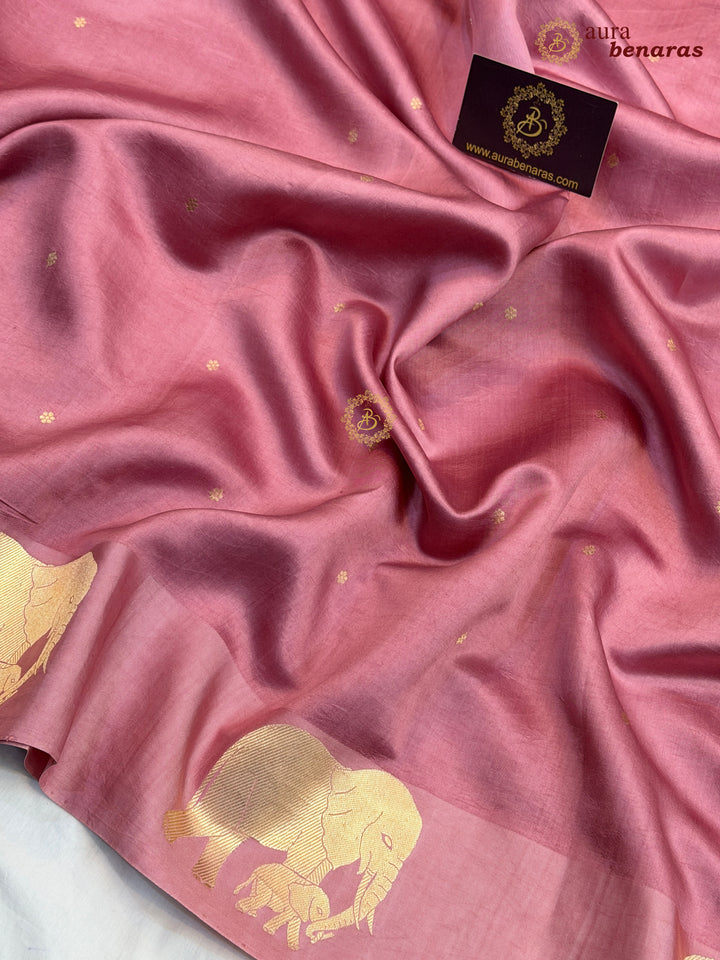 Pastel Pink Pure Katan Silk Banarasi Saree Kadhwa Elephant Motifs