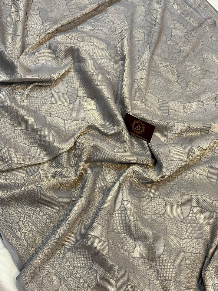 Pure Banarasi Khaddi Georgette Saree | Silver Zari Brocade | Aura Benaras