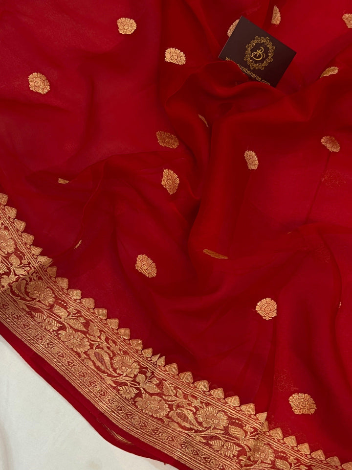 Red Khaddi Chiffon Banarasi Handloom Saree - Aura Benaras