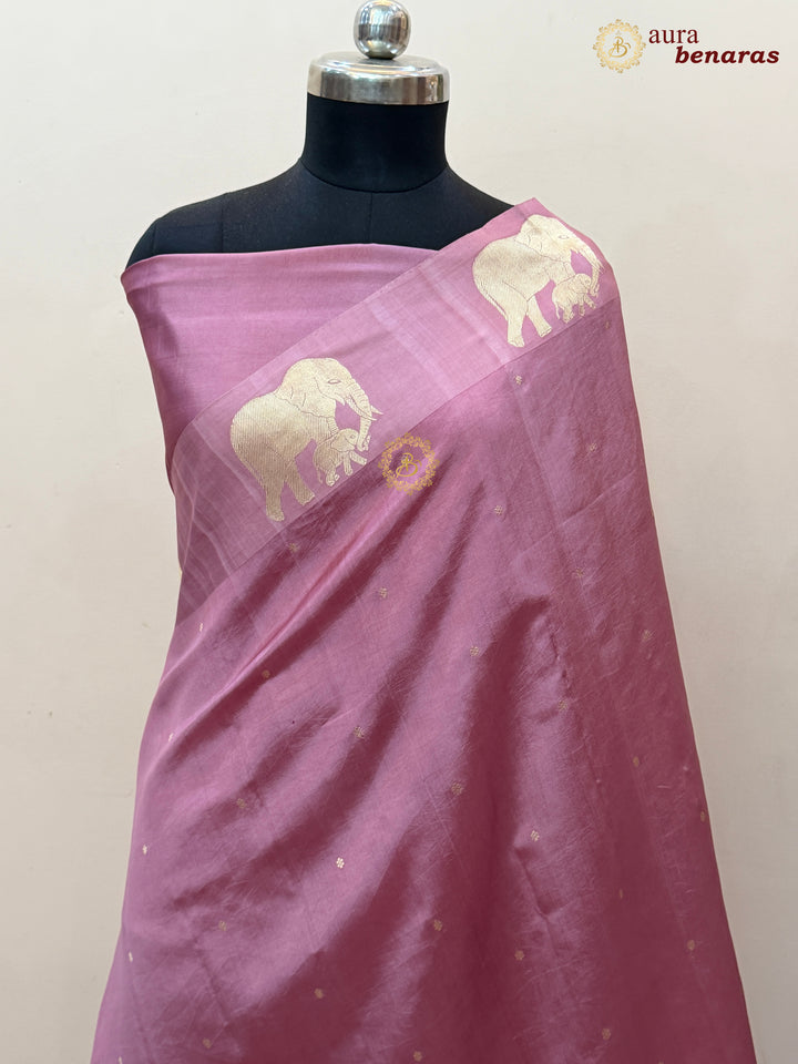 Pastel Pink Pure Katan Silk Banarasi Saree Kadhwa Elephant Motifs