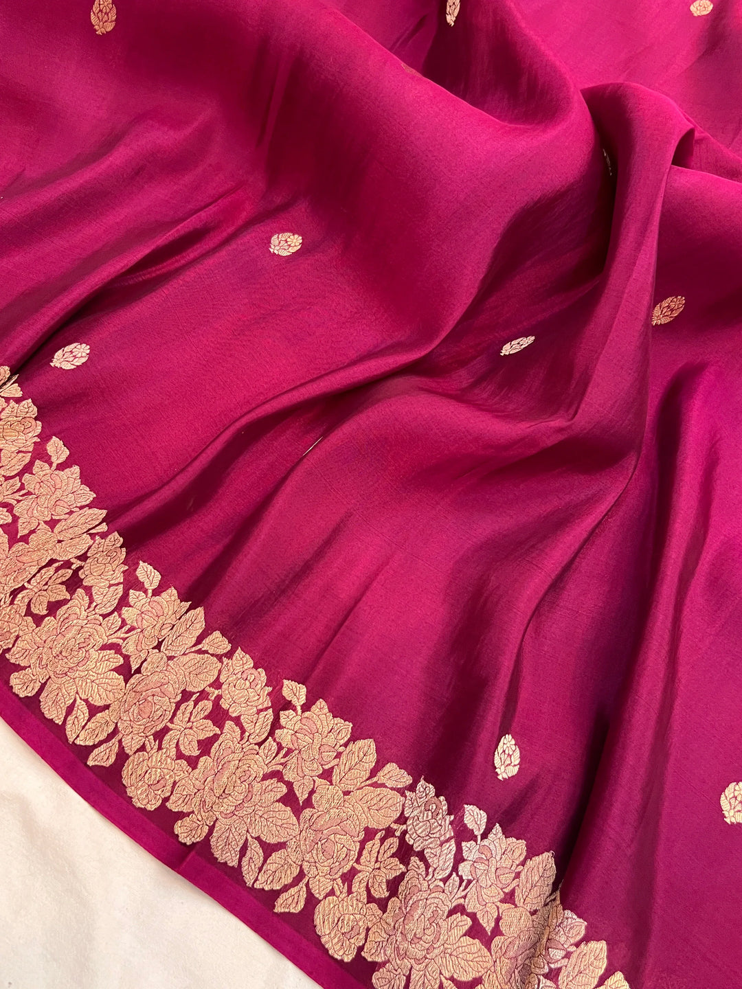Hibiscus Shade Banarasi Handloom Kora Katan Silk Saree