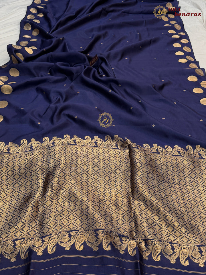 Navy Blue Pure Katan Silk Banarasi Saree Kadhwa Geometric Round Motifs