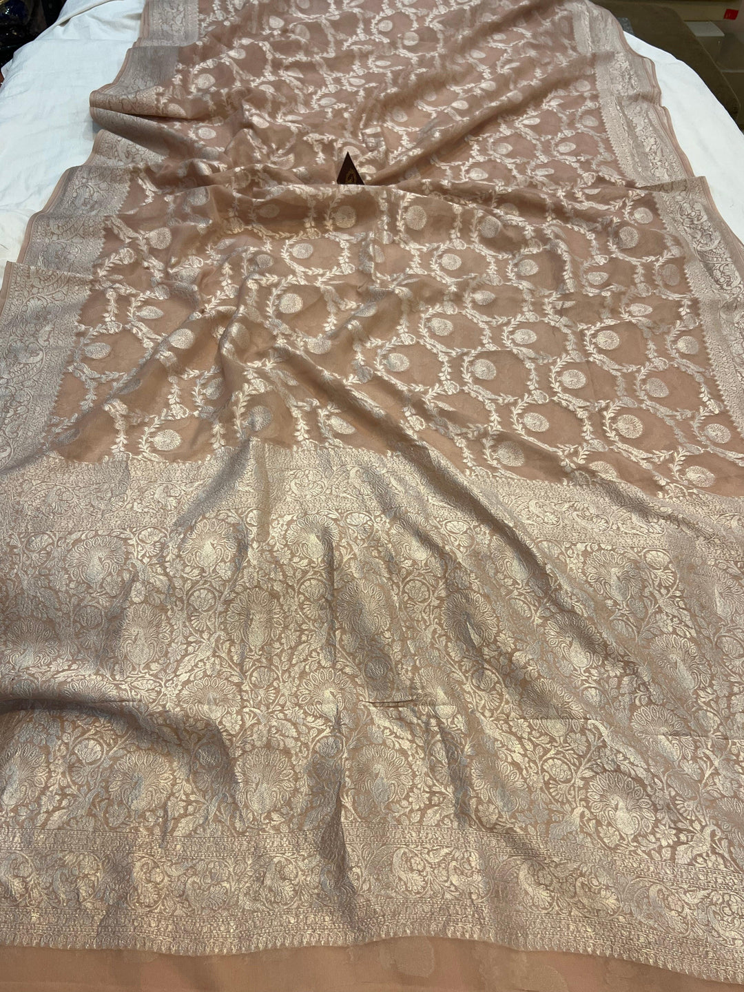 Pastel Brown Pure Banarasi Khaddi Georgette Saree