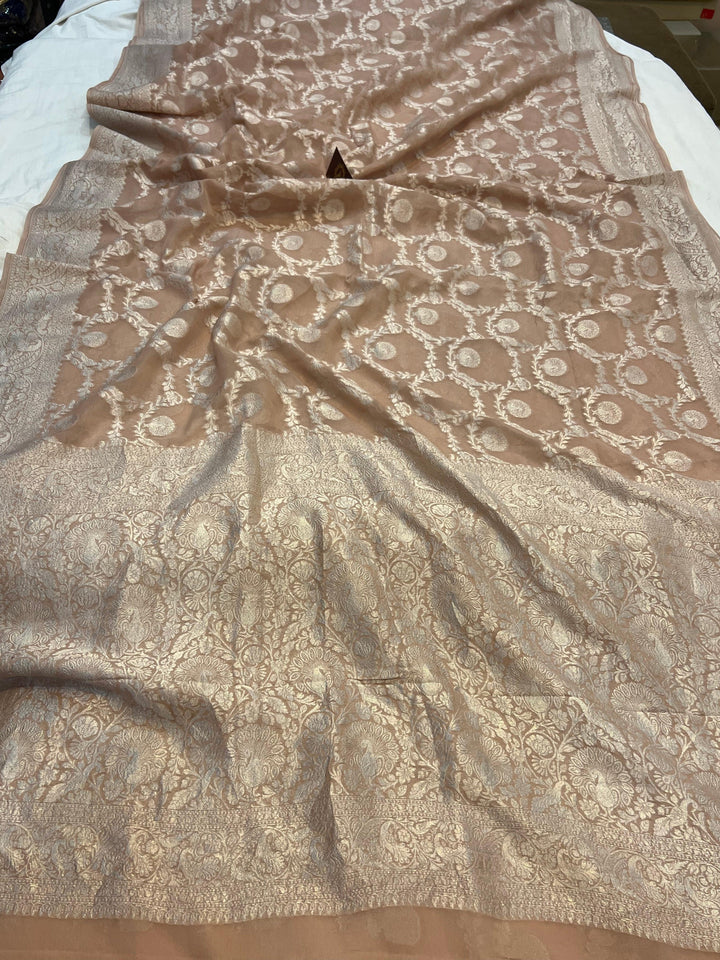Pastel Brown Pure Banarasi Khaddi Georgette Saree