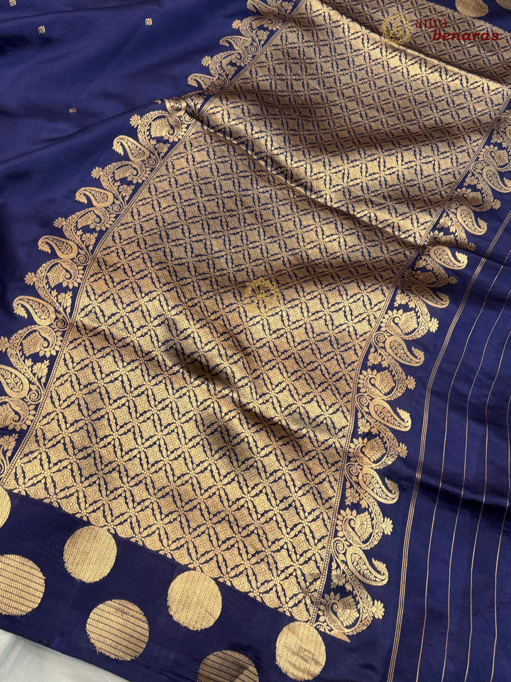 Navy Blue Pure Katan Silk Banarasi Saree Kadhwa Geometric Round Motifs