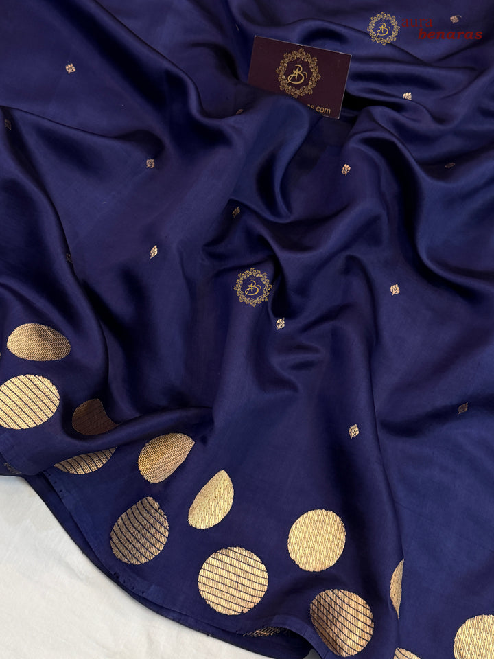Navy Blue Pure Katan Silk Banarasi Saree Kadhwa Geometric Round Motifs