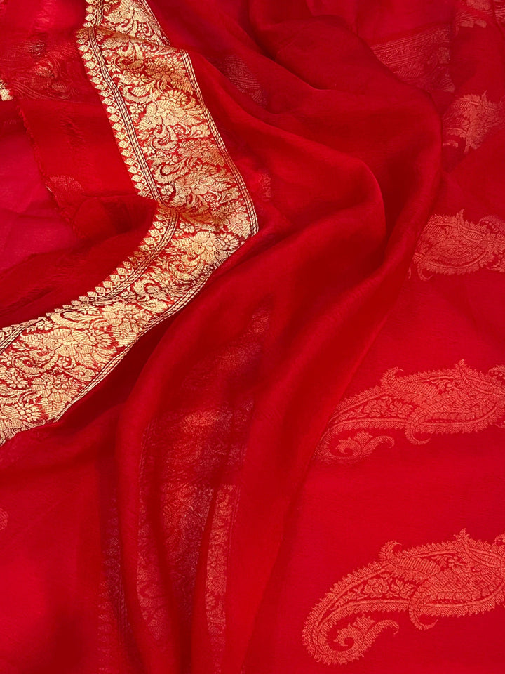 Red Khaddi Chiffon Banarasi Handloom Saree - Aura Benaras