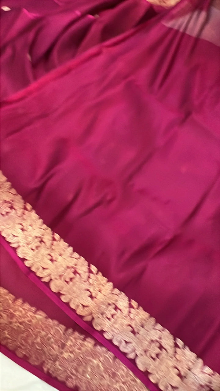 Hibiscus Shade Banarasi Handloom Kora Katan Silk Saree