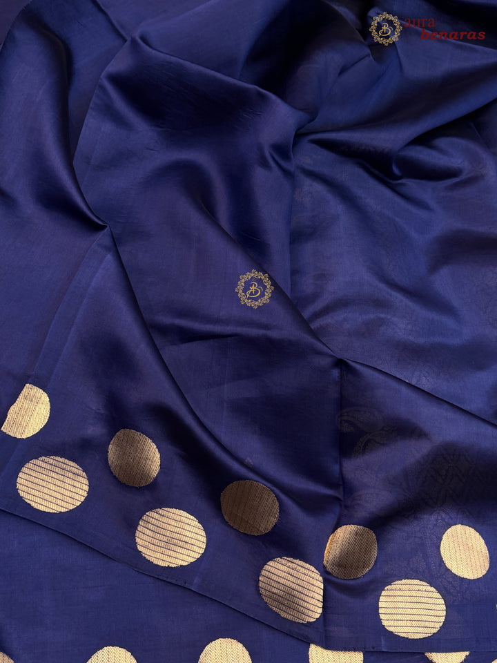 Navy Blue Pure Katan Silk Banarasi Saree Kadhwa Geometric Round Motifs