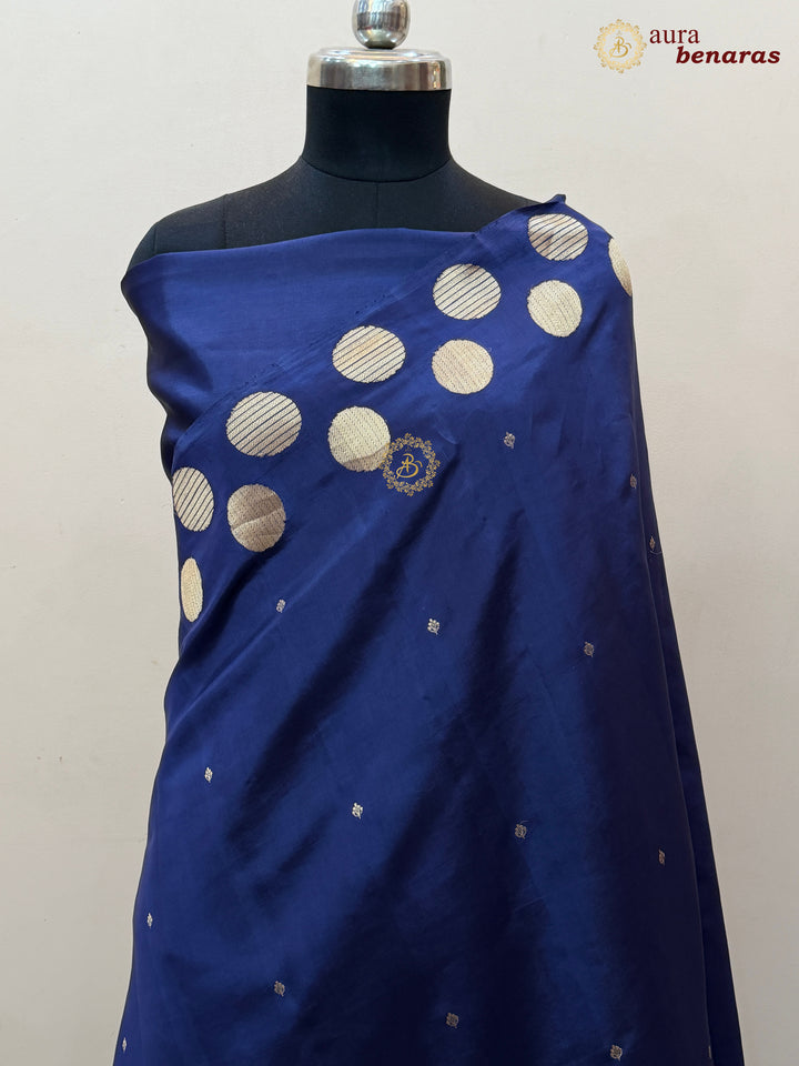 Navy Blue Pure Katan Silk Banarasi Saree Kadhwa Geometric Round Motifs
