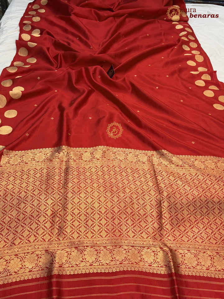 Deep Red  Pure Katan Silk Banarasi Saree Kadhwa Geometric Round Motifs