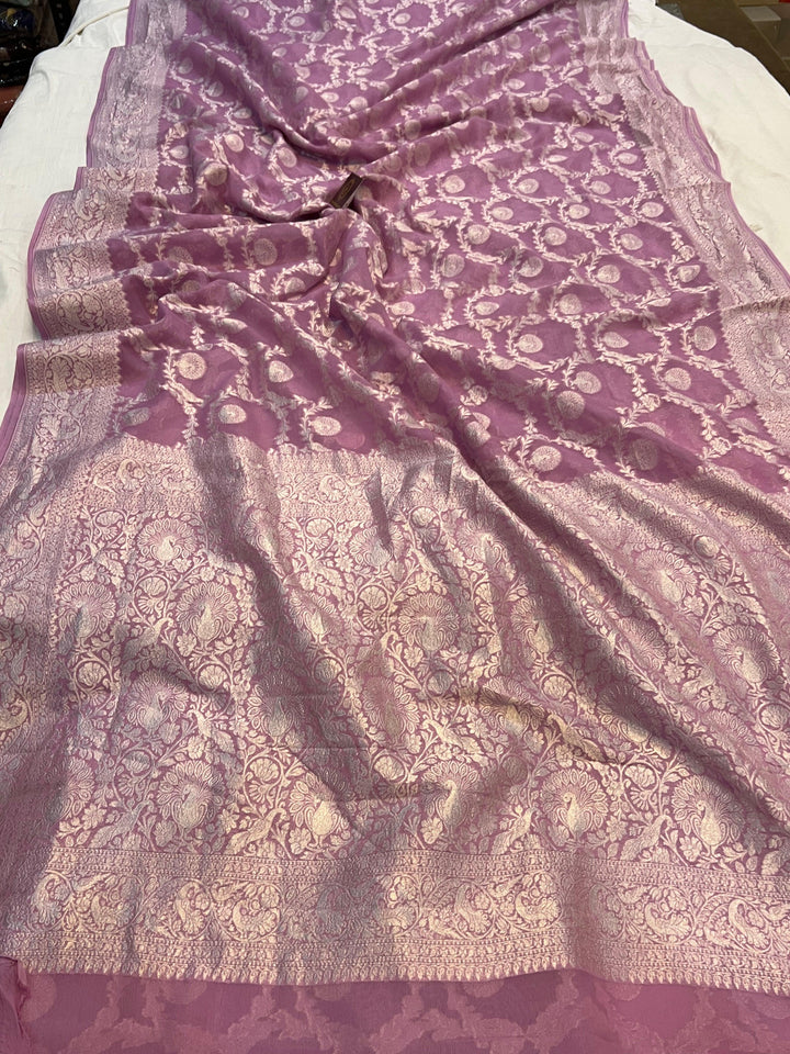 Pure Banarasi Khaddi Georgette Saree | Silver Zari Jaal | Aura Benaras