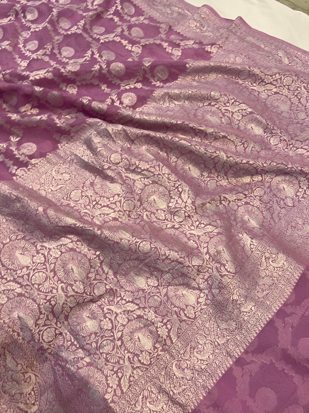 Pure Banarasi Khaddi Georgette Saree | Silver Zari Jaal | Aura Benaras