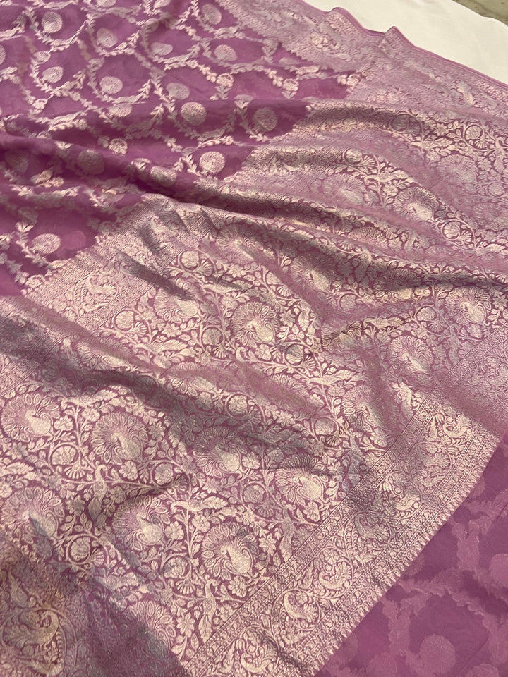 Pure Banarasi Khaddi Georgette Saree | Silver Zari Jaal | Aura Benaras